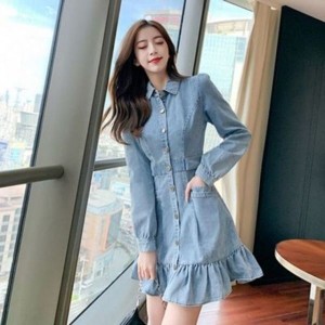 긴팔 데님원피스 프릴 앞단추 슬림핏 F60396 청원피스
